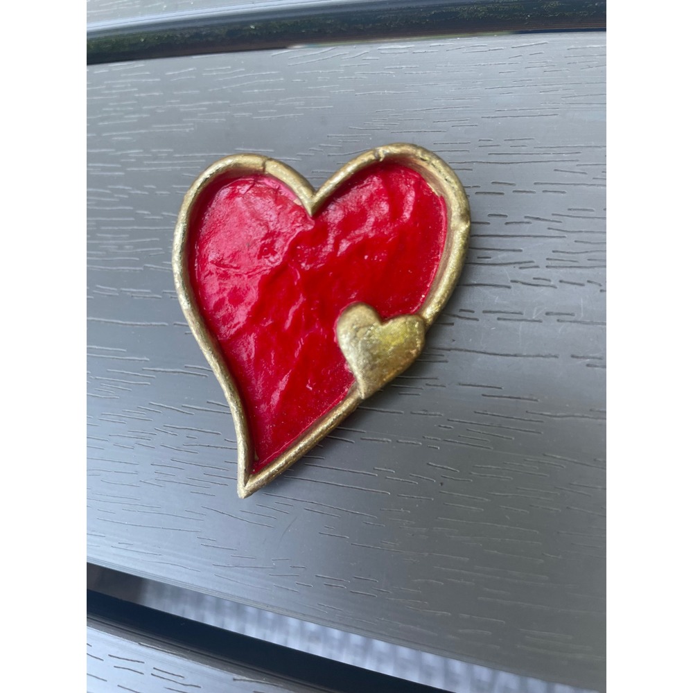 Vintage Red Heart Pin Gold Tone Trim Textured Resin Lapel Pin Valentine Jewelry